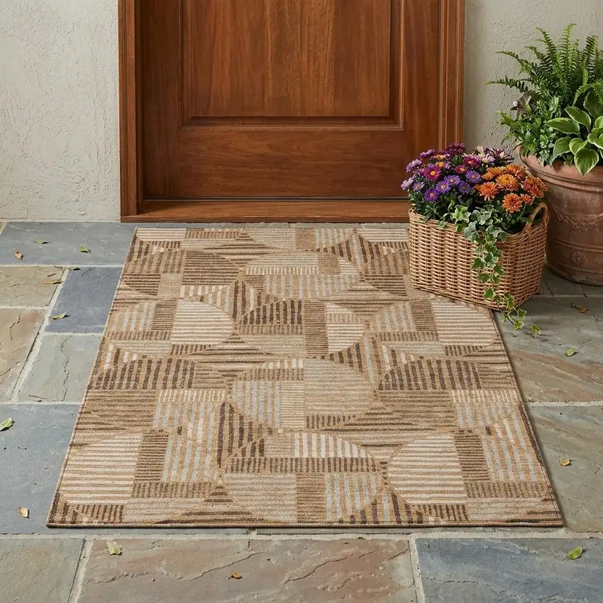 Copper And Khaki Geometric Washable Indoor Outdoor Area Rug Photo 1