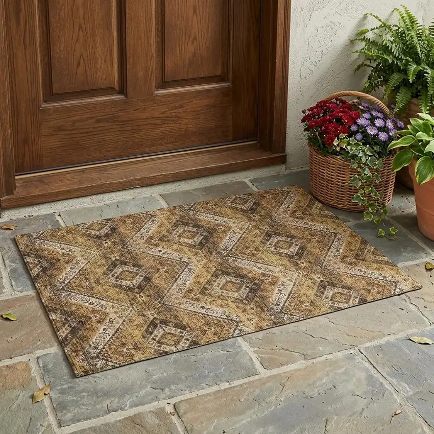 Copper And Khaki Tribal Washable Indoor Outdoor Area Rug Photo 1