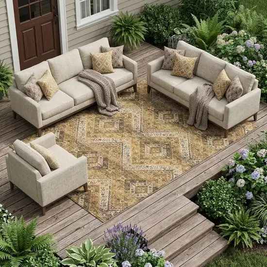 Copper And Khaki Tribal Washable Indoor Outdoor Area Rug Photo 1
