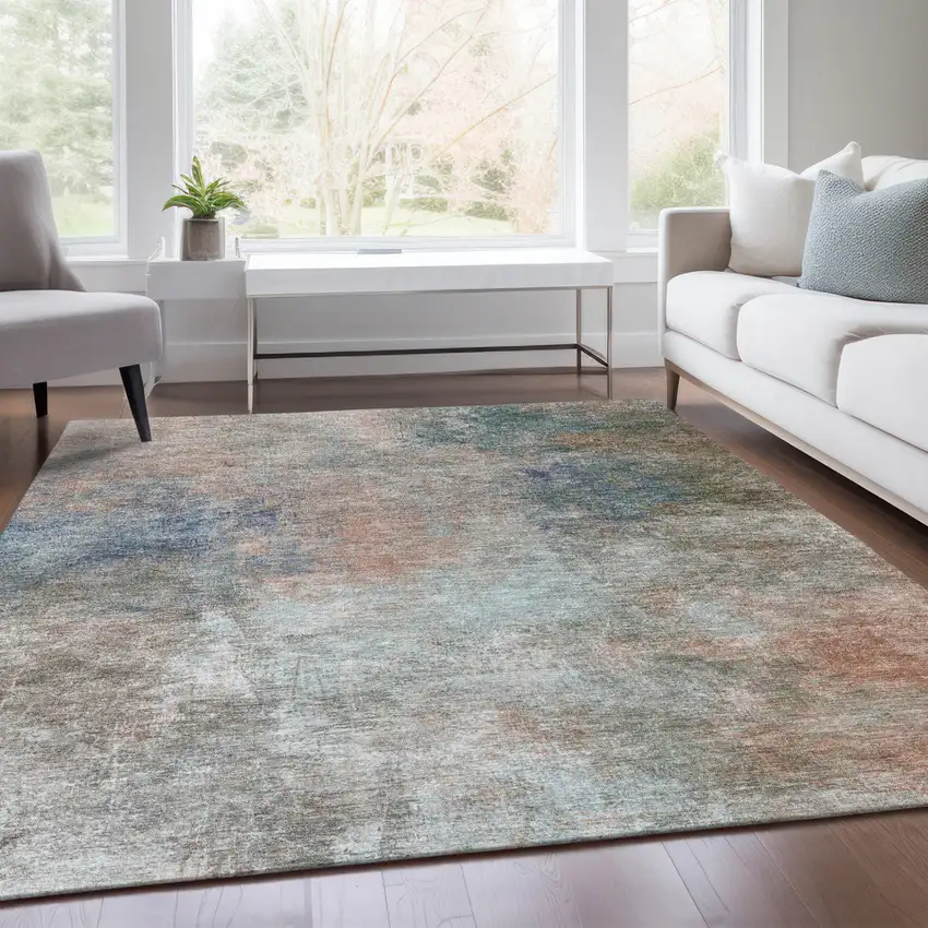 Copper And Navy Blue Abstract Washable Indoor Outdoor Area Rug Photo 6