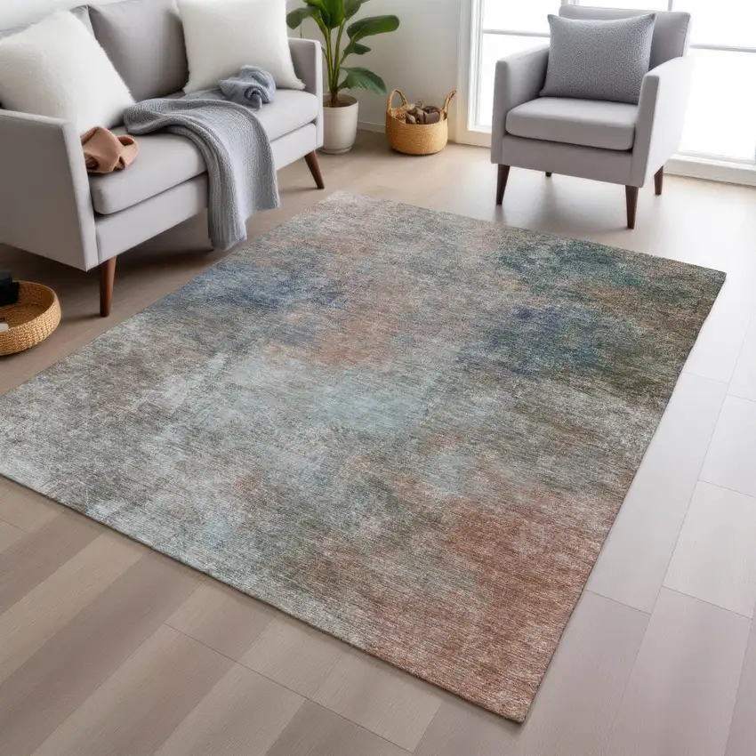 Copper And Navy Blue Abstract Washable Indoor Outdoor Area Rug Photo 5