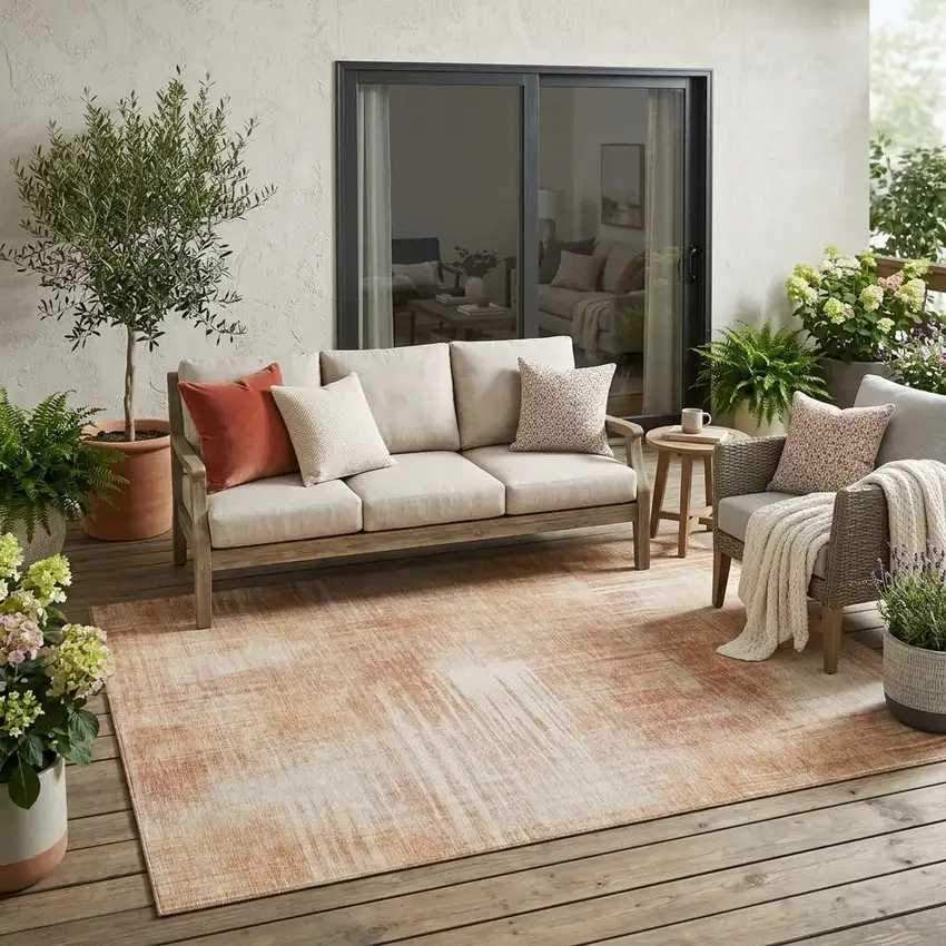 Copper And Orange Abstract Washable Indoor Outdoor Area Rug Photo 1