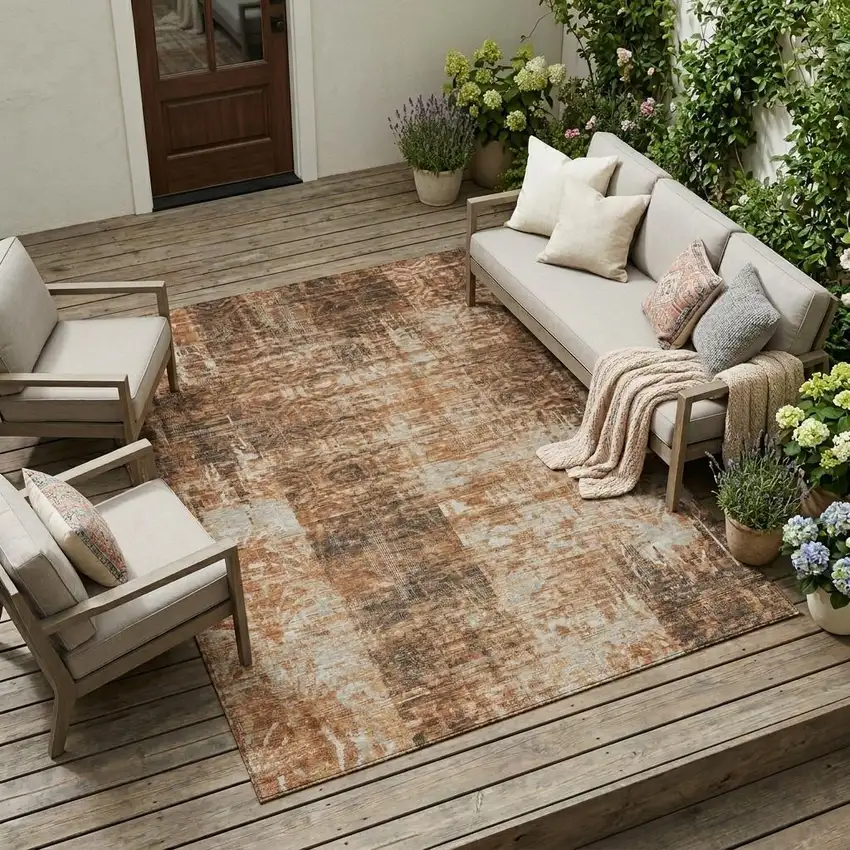 Copper And Orange Abstract Washable Indoor Outdoor Area Rug Photo 1