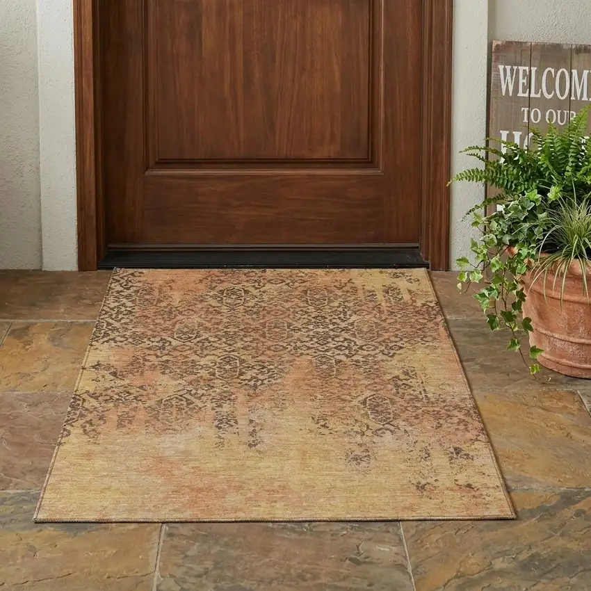 Copper And Orange Abstract Washable Indoor Outdoor Area Rug Photo 1