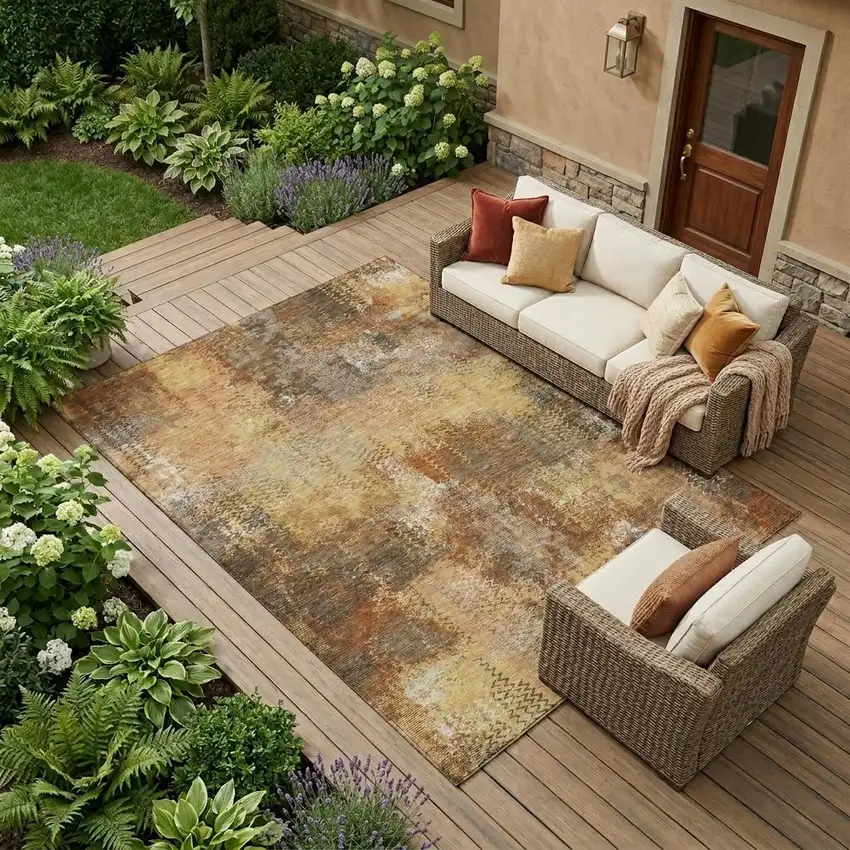 Copper And Orange Abstract Washable Indoor Outdoor Area Rug Photo 1
