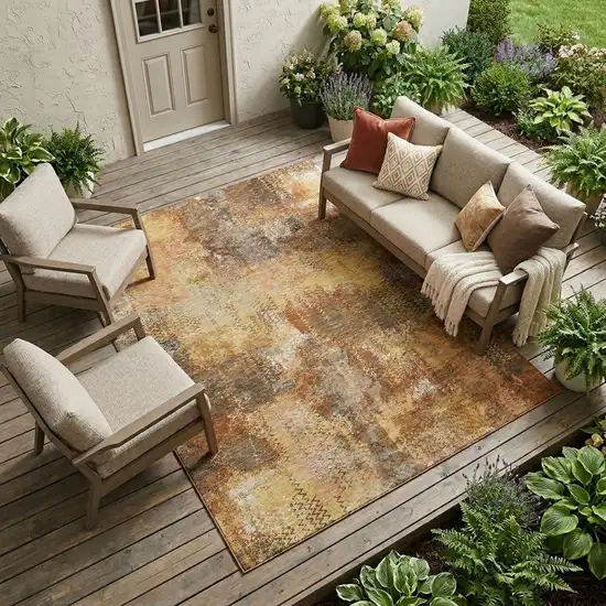 Copper And Orange Abstract Washable Indoor Outdoor Area Rug Photo 1