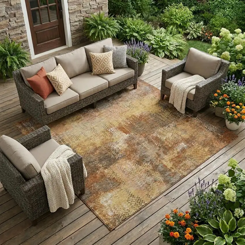 Copper And Orange Abstract Washable Indoor Outdoor Area Rug Photo 1