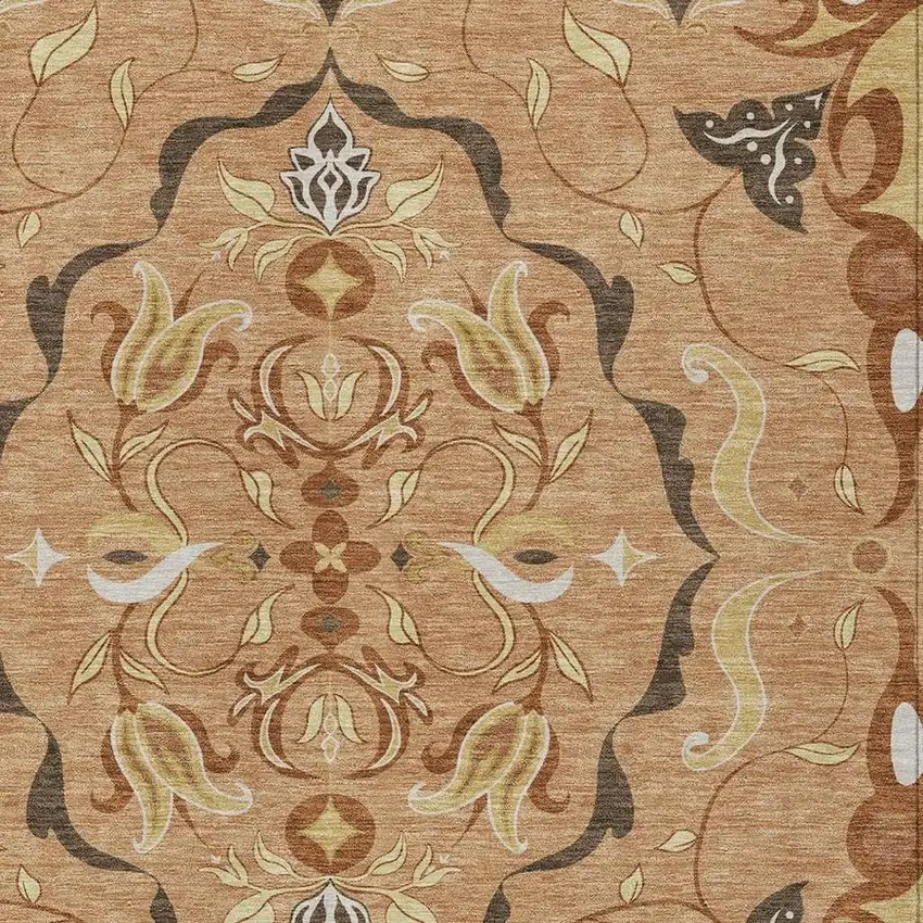 Copper And Orange Damask Washable Indoor Outdoor Area Rug Photo 2