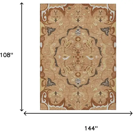 Copper And Orange Damask Washable Indoor Outdoor Area Rug Photo 6