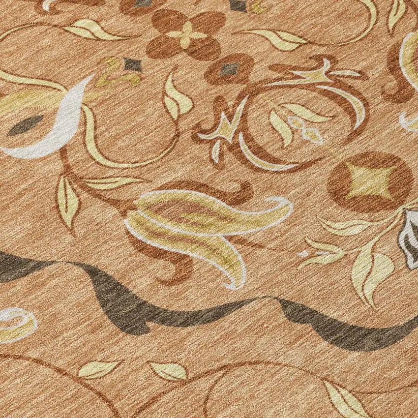 Copper And Orange Damask Washable Indoor Outdoor Area Rug Photo 5