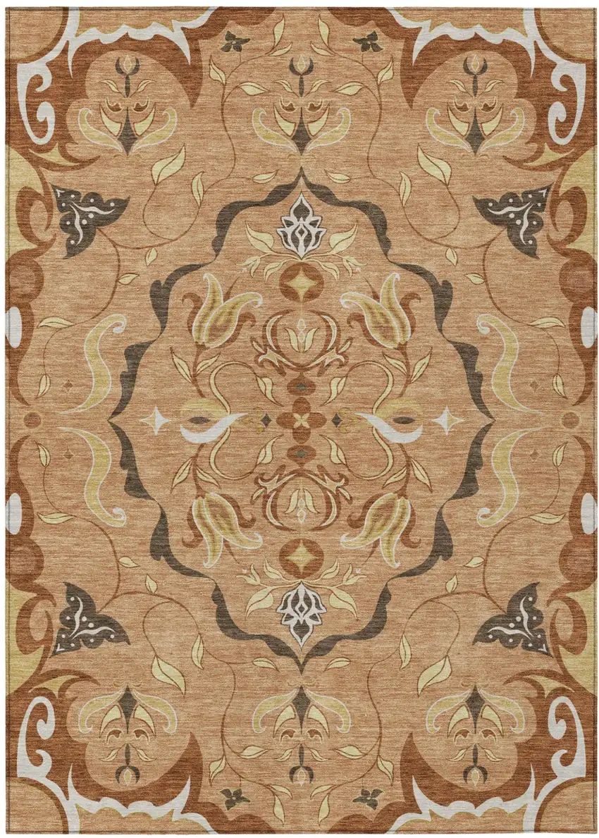Copper And Orange Damask Washable Indoor Outdoor Area Rug Photo 2