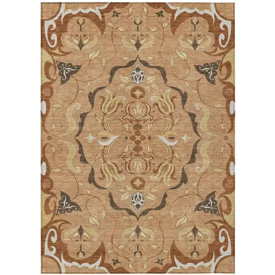 Copper And Orange Damask Washable Indoor Outdoor Area Rug Photo 2
