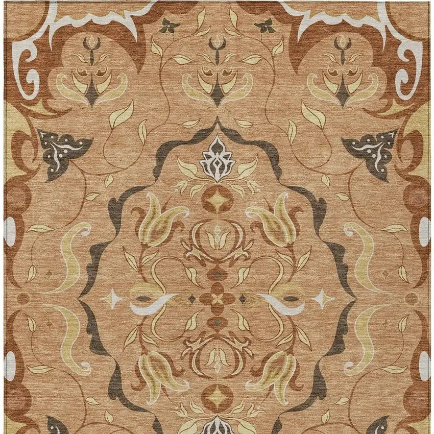 Copper And Orange Damask Washable Indoor Outdoor Area Rug Photo 1