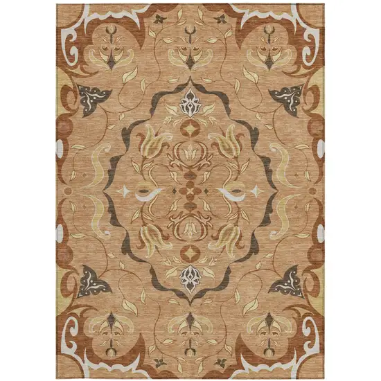 Copper And Orange Damask Washable Indoor Outdoor Area Rug Photo 3