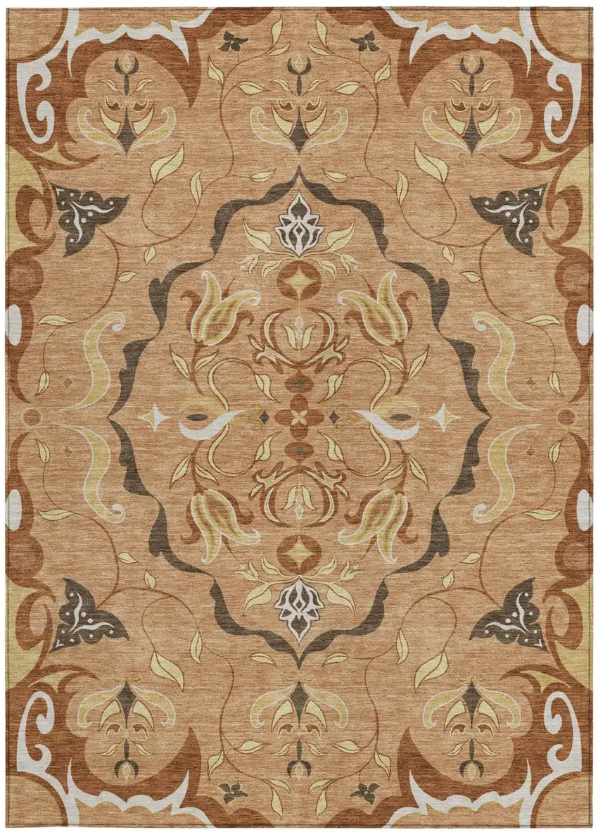 Copper And Orange Damask Washable Indoor Outdoor Area Rug Photo 3