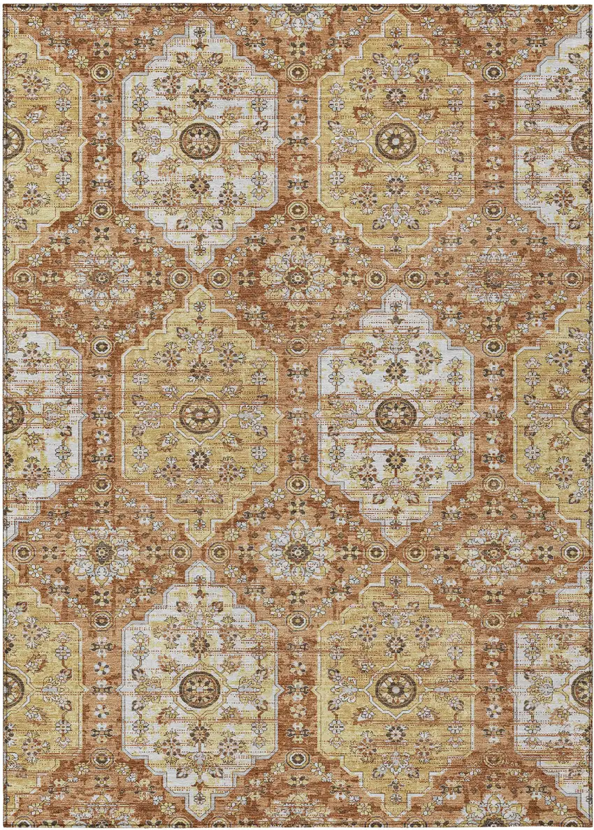 Copper And Orange Damask Washable Indoor Outdoor Area Rug Photo 1