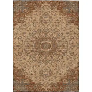 Photo of Copper And Orange Floral Medallion Washable Indoor Outdoor Area Rug
