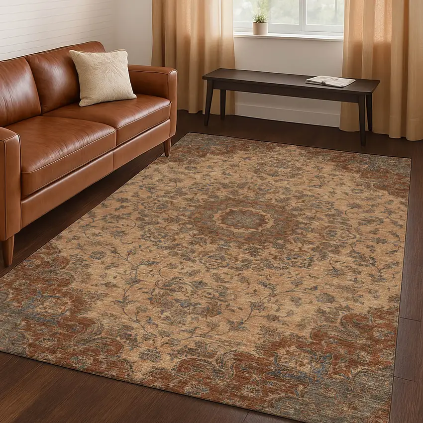 Copper And Orange Floral Medallion Washable Indoor Outdoor Area Rug Photo 5