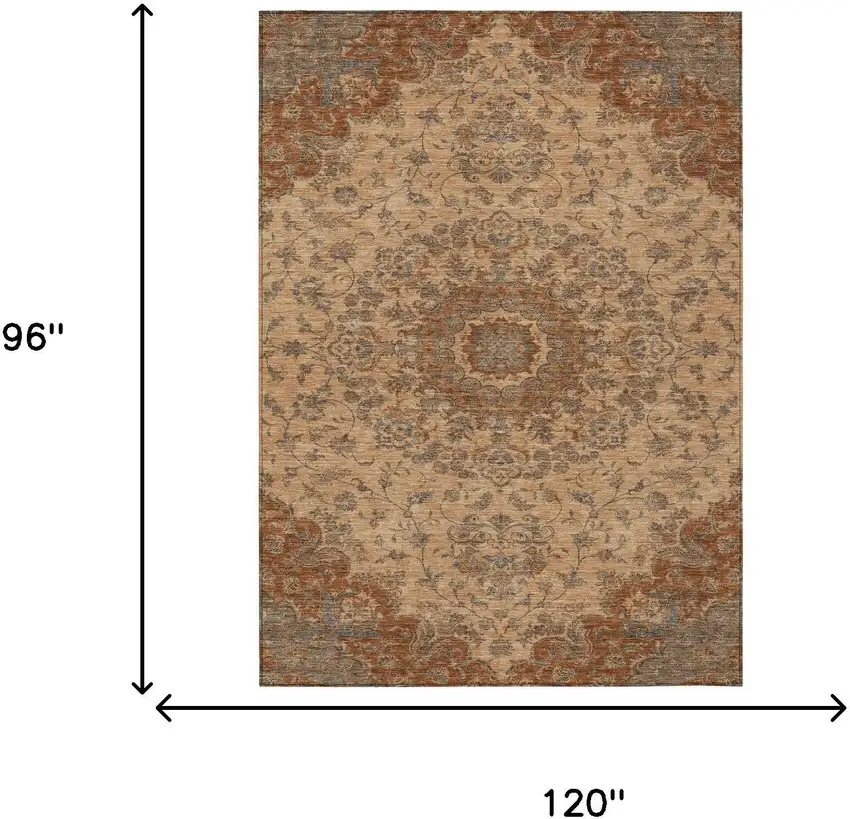 Copper And Orange Floral Medallion Washable Indoor Outdoor Area Rug Photo 6