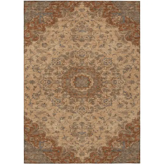 Copper And Orange Floral Medallion Washable Indoor Outdoor Area Rug Photo 1