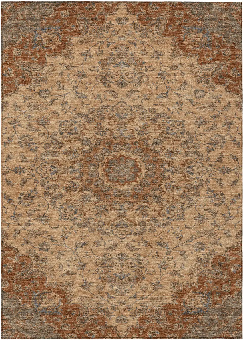 Copper And Orange Floral Medallion Washable Indoor Outdoor Area Rug Photo 1