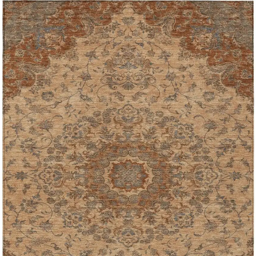 Copper And Orange Floral Medallion Washable Indoor Outdoor Area Rug Photo 3