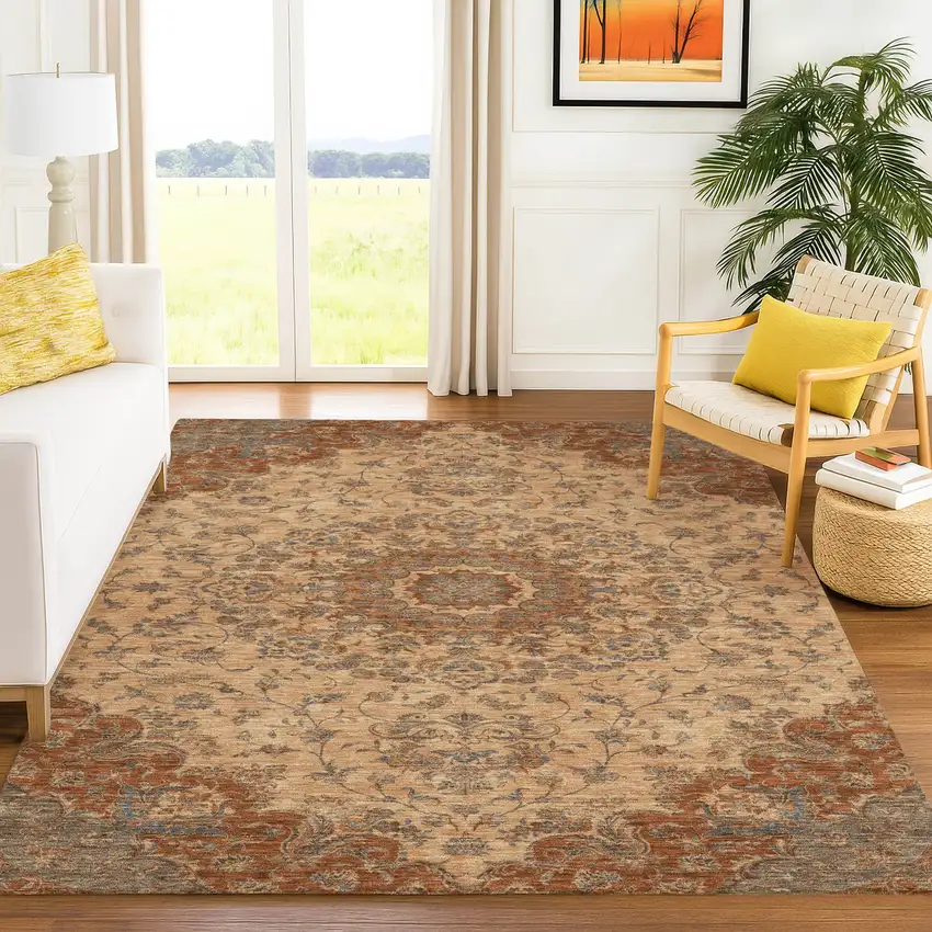 Copper And Orange Floral Medallion Washable Indoor Outdoor Area Rug Photo 6