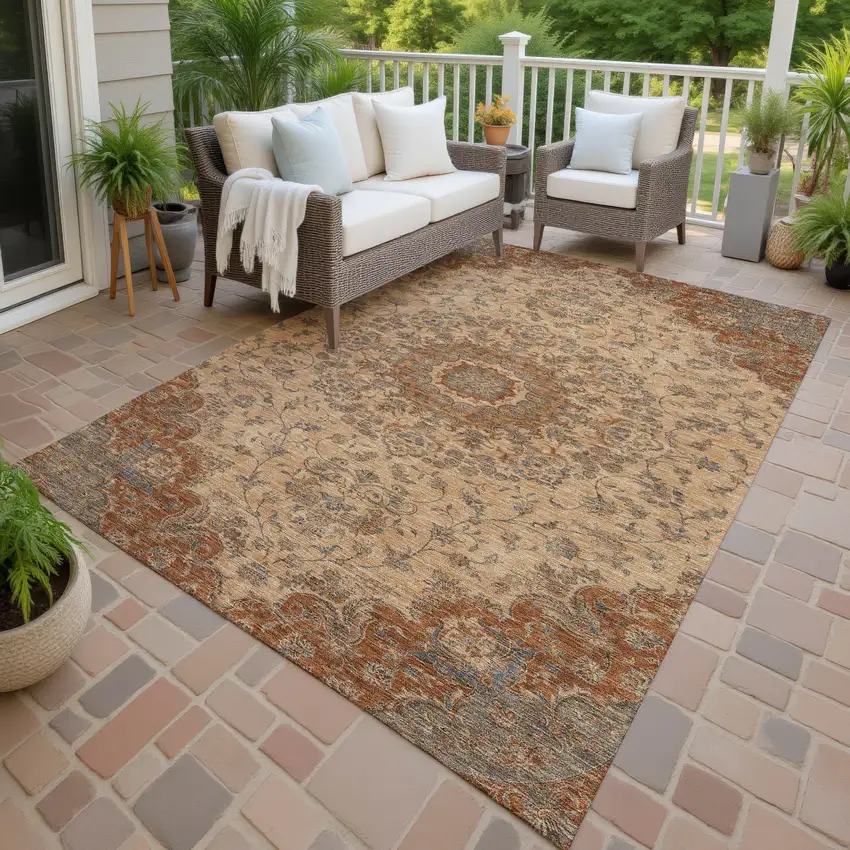 Copper And Orange Floral Medallion Washable Indoor Outdoor Area Rug Photo 4