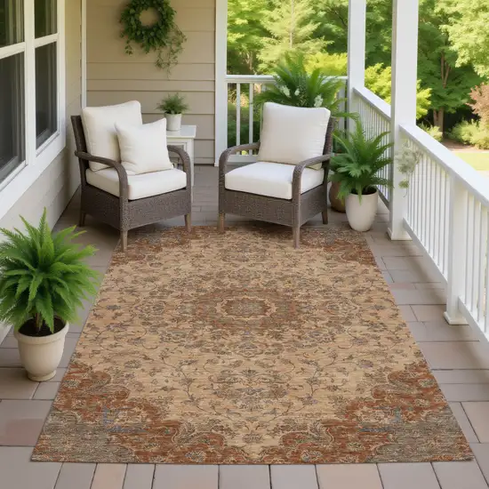 Copper And Orange Floral Medallion Washable Indoor Outdoor Area Rug Photo 7