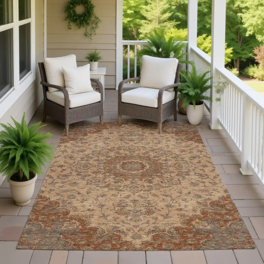 Copper And Orange Floral Medallion Washable Indoor Outdoor Area Rug Photo 7