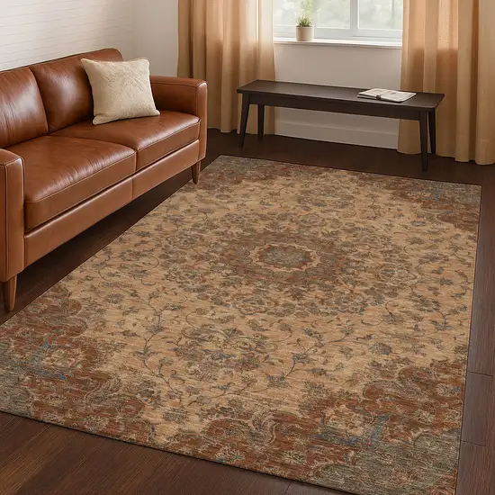 Copper And Orange Floral Medallion Washable Indoor Outdoor Area Rug Photo 5