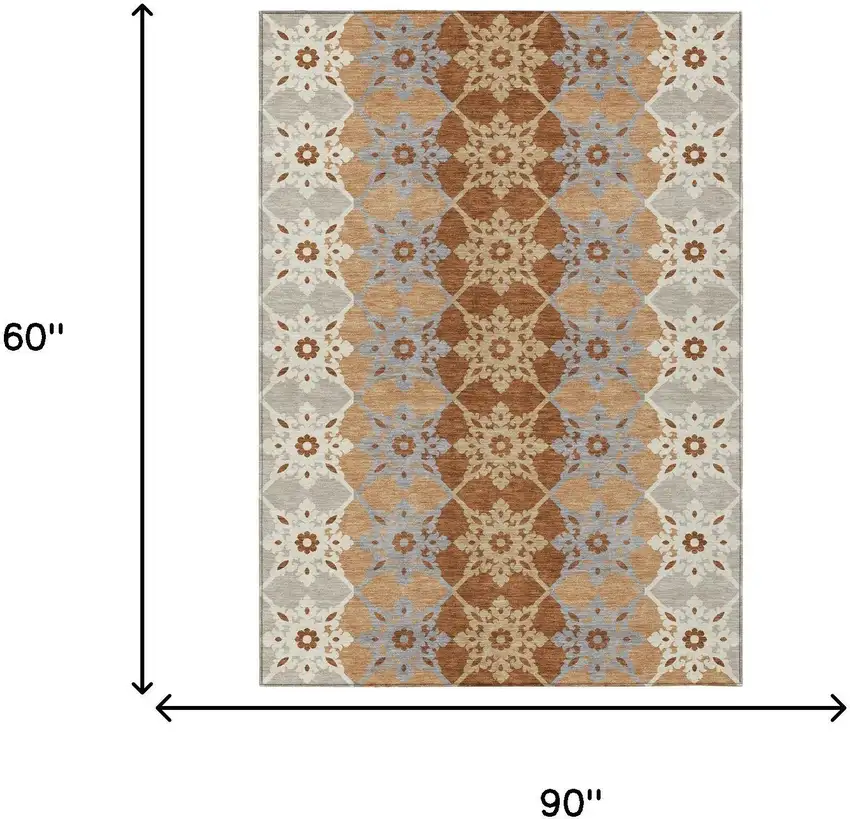 Copper And Orange Floral Medallion Washable Indoor Outdoor Area Rug Photo 5