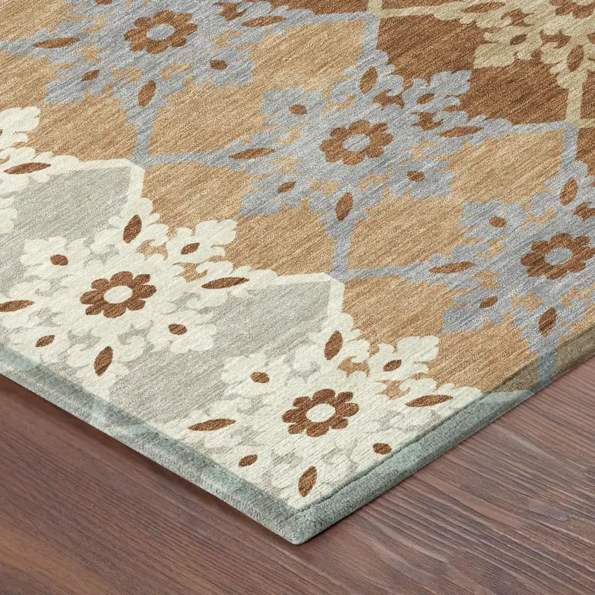 Copper And Orange Floral Medallion Washable Indoor Outdoor Area Rug Photo 3