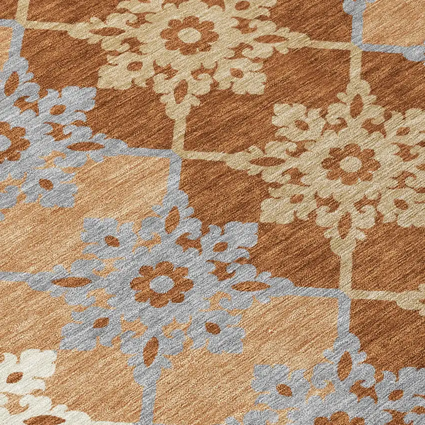 Copper And Orange Floral Medallion Washable Indoor Outdoor Area Rug Photo 4