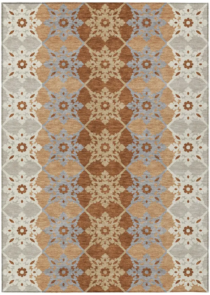 Copper And Orange Floral Medallion Washable Indoor Outdoor Area Rug Photo 2