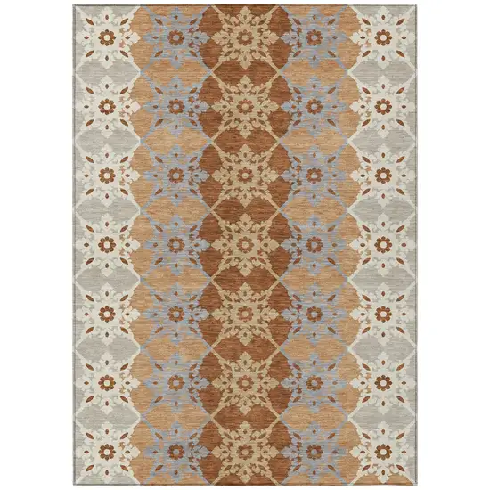 Copper And Orange Floral Medallion Washable Indoor Outdoor Area Rug Photo 2