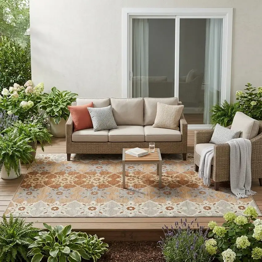 Copper And Orange Floral Medallion Washable Indoor Outdoor Area Rug Photo 1