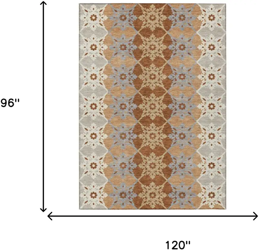 Copper And Orange Floral Medallion Washable Indoor Outdoor Area Rug Photo 5