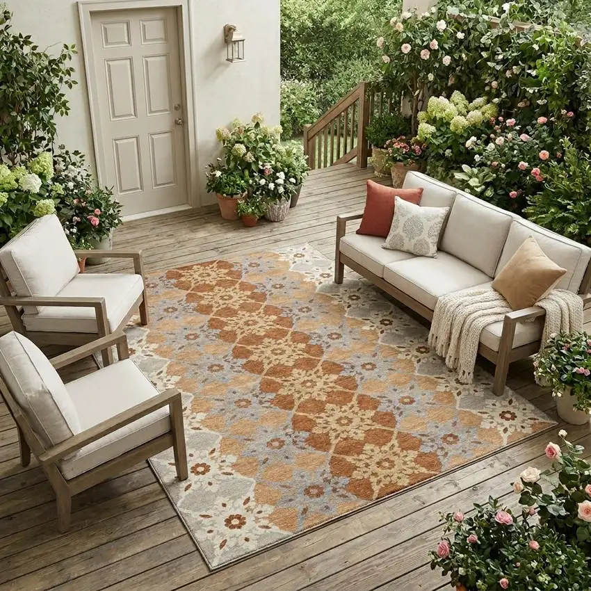 Copper And Orange Floral Medallion Washable Indoor Outdoor Area Rug Photo 1