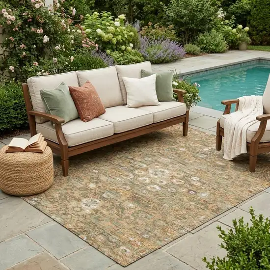 Copper And Orange Floral Medallion Washable Indoor Outdoor Area Rug Photo 1