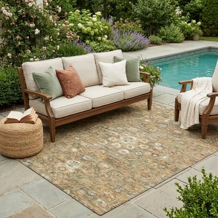 Copper And Orange Floral Medallion Washable Indoor Outdoor Area Rug Photo 1