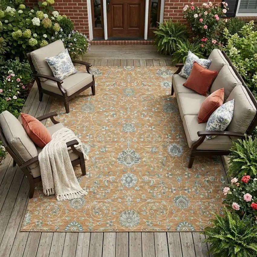 Copper And Orange Floral Washable Indoor Outdoor Area Rug Photo 1