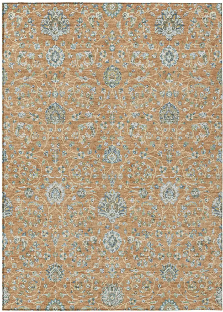 Copper And Orange Floral Washable Indoor Outdoor Area Rug Photo 2