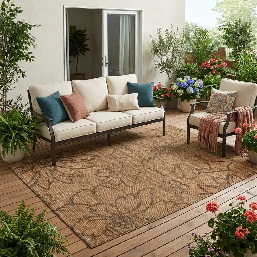 Copper And Orange Floral Washable Indoor Outdoor Area Rug Photo 1