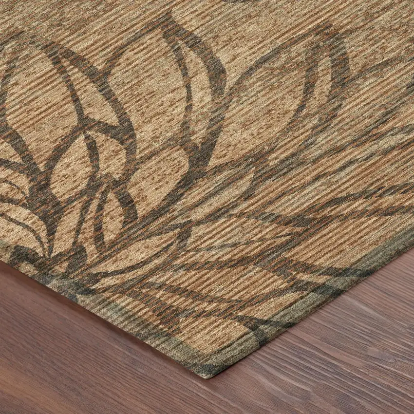 Copper And Orange Floral Washable Indoor Outdoor Area Rug Photo 3