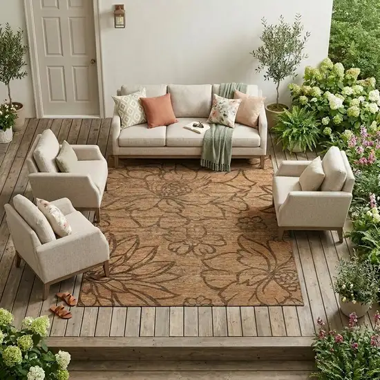 Copper And Orange Floral Washable Indoor Outdoor Area Rug Photo 1