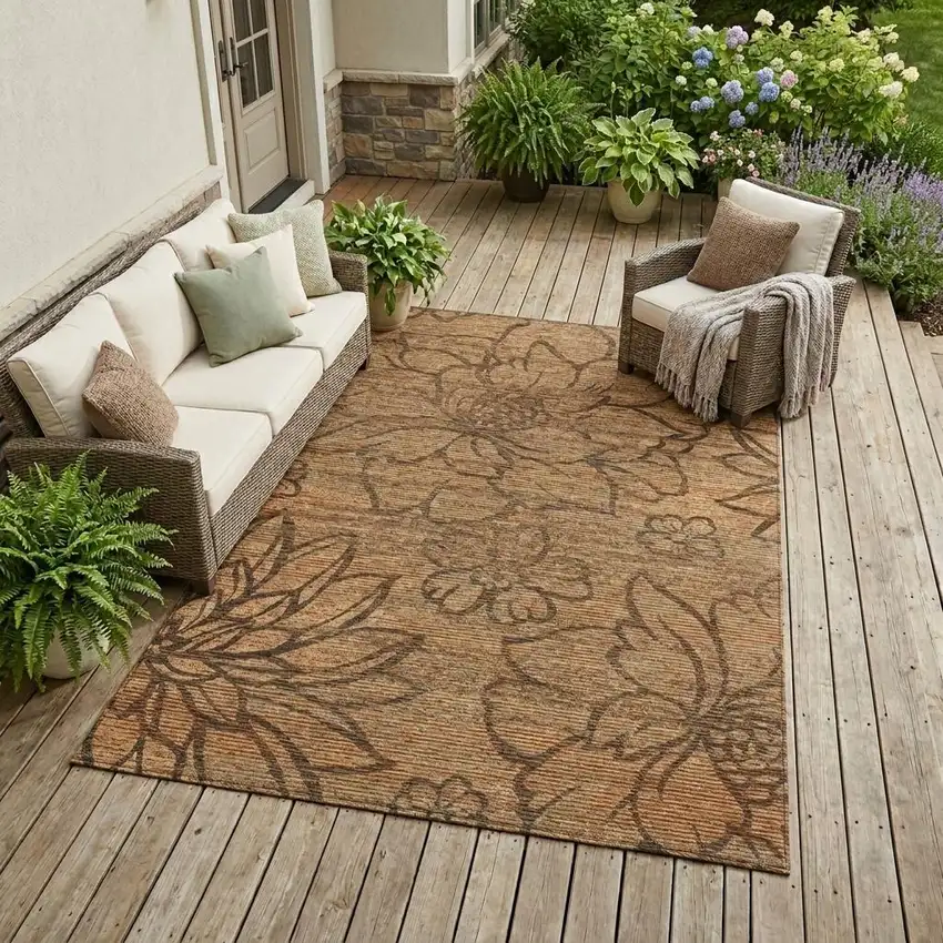 Copper And Orange Floral Washable Indoor Outdoor Area Rug Photo 1