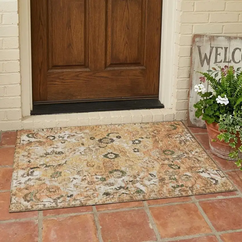 Copper And Orange Floral Washable Indoor Outdoor Area Rug Photo 1