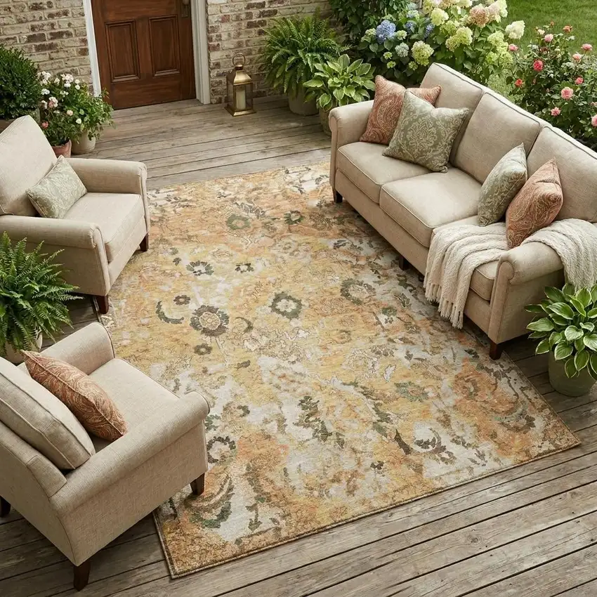 Copper And Orange Floral Washable Indoor Outdoor Area Rug Photo 1