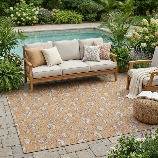 Copper And Orange Floral Washable Indoor Outdoor Area Rug Photo 1